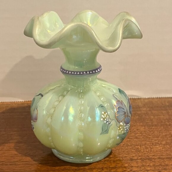 Fenton Iridized Sea Green Beaded Melon Pansies Vase Signed Frank & Tom Fenton - Picture 2 of 12